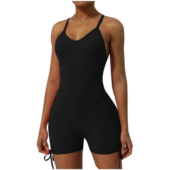 hotojiny Workout Jumpsuits for Women Spaghetti Strap V Neck Stretch Yoga Shorts Romper Solid Drawstring Summer One-Piece Outfits Clothes