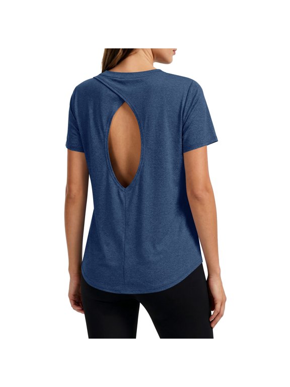 Workout Tops for Women Open Back Tee Crew Neck Short Sleeve T-Shirt Oversized Gym Athletic Shirts with Curved Hem