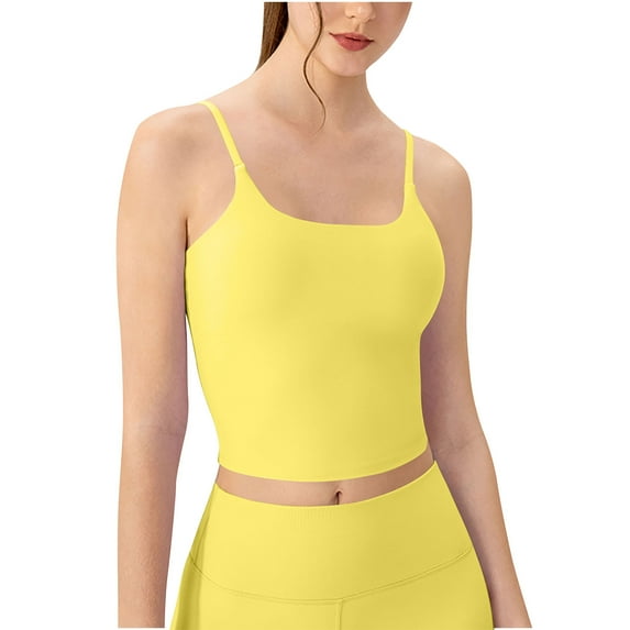 hotojiny Workout Tops for Women Sleeveless Spaghetti Strap Padded Sports Bra Tee Solid Scoop Neck Slim Stretch Yoga Crop Tops