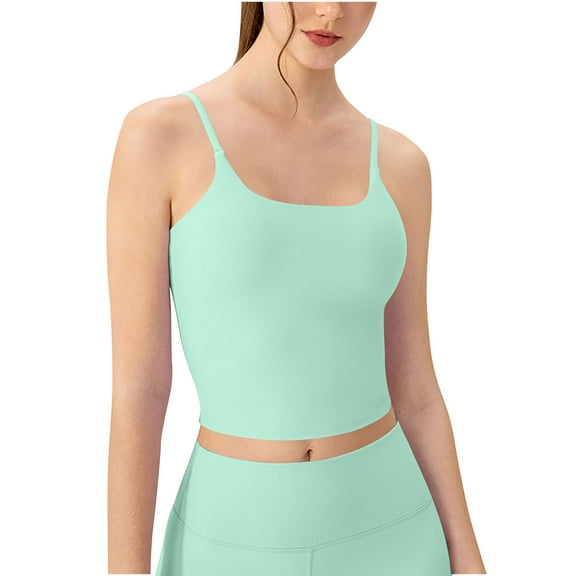 hotojiny Workout Tops for Women Sleeveless Spaghetti Strap Padded Sports Bra Tee Solid Scoop Neck Slim Stretch Yoga Crop Tops