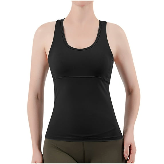 hotojiny Workout Tops for Women with Built in Bra Slim Solid Yoga Shirt Stretch Crew Neck Sleeveless Gym Running Athletic Tee