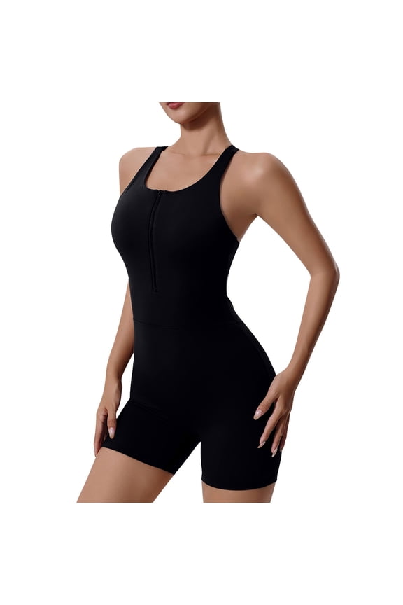 Yoga Rompers for Women Sleeveless Backless Workout Bodycon Jumpsuits Trendy Half Zip Front Gym Bodysuits