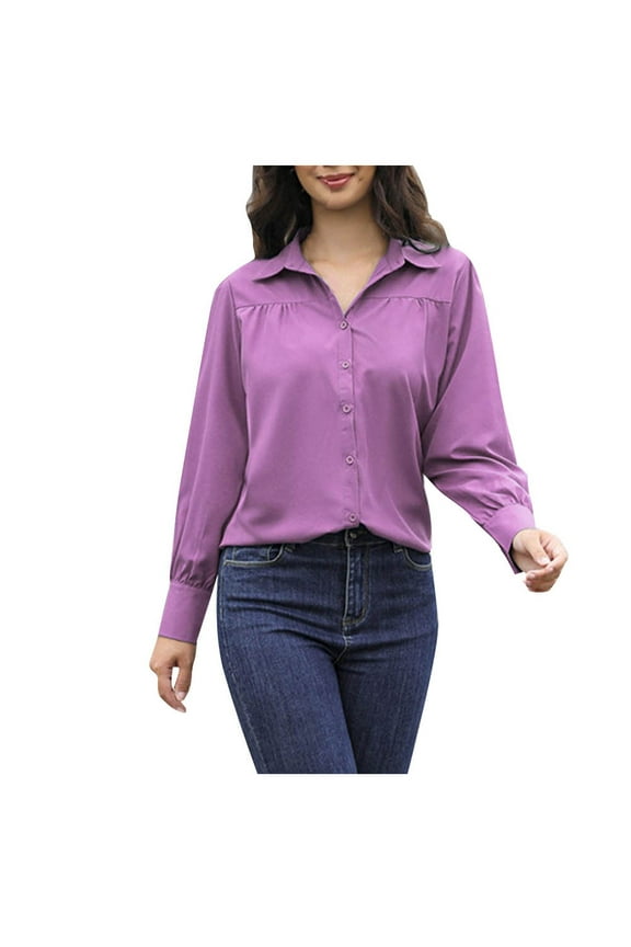 womes Button Down shirt solid basic long Lantern Sleeve Blouse casual pleated Wrinkle-Free Work Office top