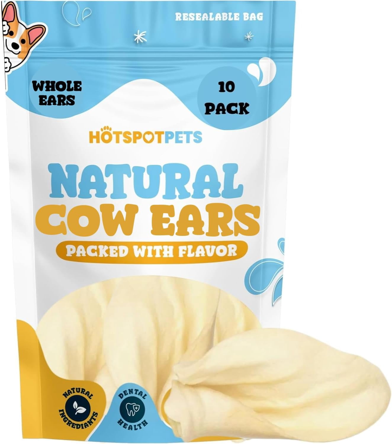 Hotspot Pets Cow Ears for Dogs - Grain Free Fully Digestible Rawhide Alternative - 3-5'' Ears (10 Pack)