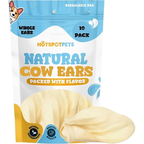 Hotspot Pets Cow Ears for Dogs - Grain Free Fully Digestible Rawhide Alternative - 3-5'' Ears (10 Pack)