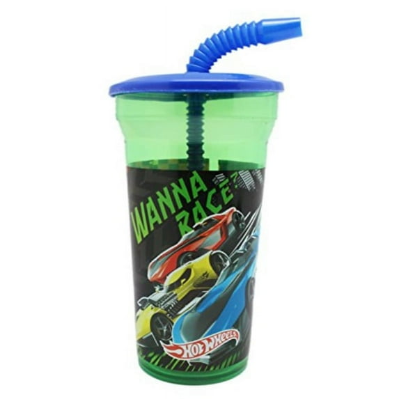 hotwheels wanna race green tinted cup with blue straw and top cover
