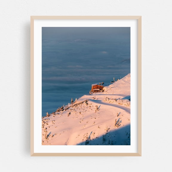 The house above the clouds - Bischofswiesener Forst Bayern Germany Photography Mountain Snow Winter Sunset Scenic Landscape Nature Oak Framed Wall Art Print 6 x 8 inches