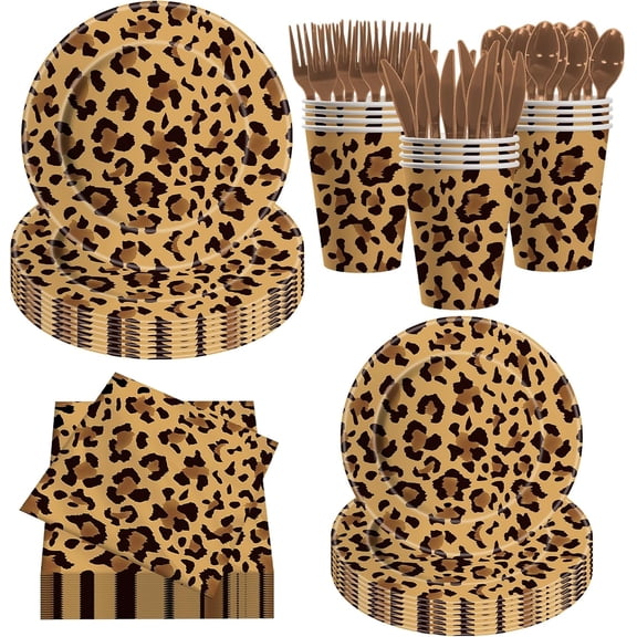 A house of tools 140PCS Leopard Print Party Decorations,Jungle Animal theme Decorations Include Tableware, Plate, Cup, Napkin, Cutlery, Animal Cheetah Print Birthday Party Supplies Serve 20
