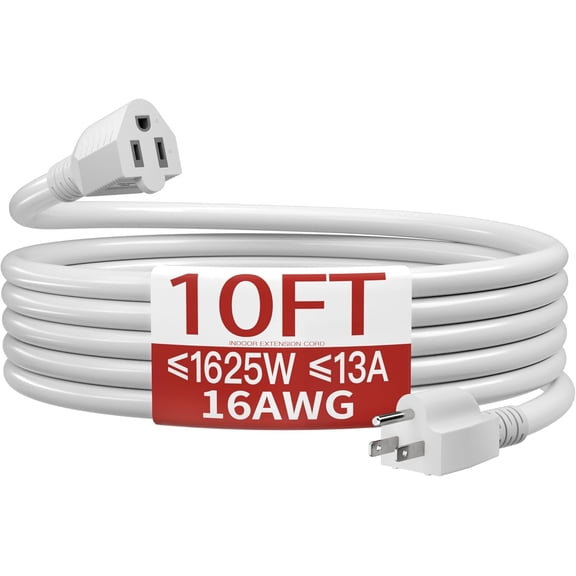 A house of tools 16/3 Short Extension Cord 10 FT, White Extension Cord Flexible & Durable, Indoor 3 Prong Power Cable, Suitable for Home and Office, 13 Amp 1625 Watt 125VAC 16AWG, ETL Listed