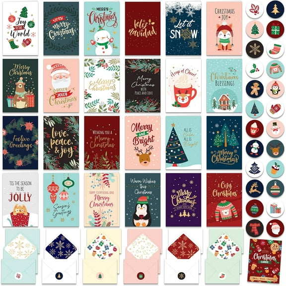 A house of tools 24 Pack Foiled & Glittery 6x4in Assorted Box Christmas Cards with Envelopes and Stickers, 24 Festive Designs Christmas Card Set with Printed Message Inside