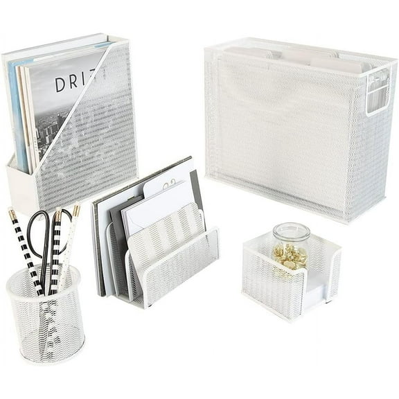 A house of tools 5 Piece White Desk Organizer Set - Desk Accessories - Mail Organizer, Sticky Note Holder, Pen Cup, Magazine File Holder, Hanging File Holder