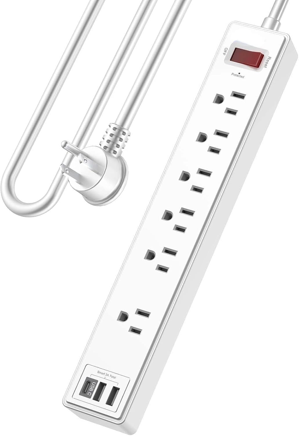 A house of tools 6 Ft Power Strip Surge Protector Extension Cord with 6 AC Outlets and 3 USB Ports for Home, Office, Dorm Essentials, 1680 Joules, ETL Listed, White