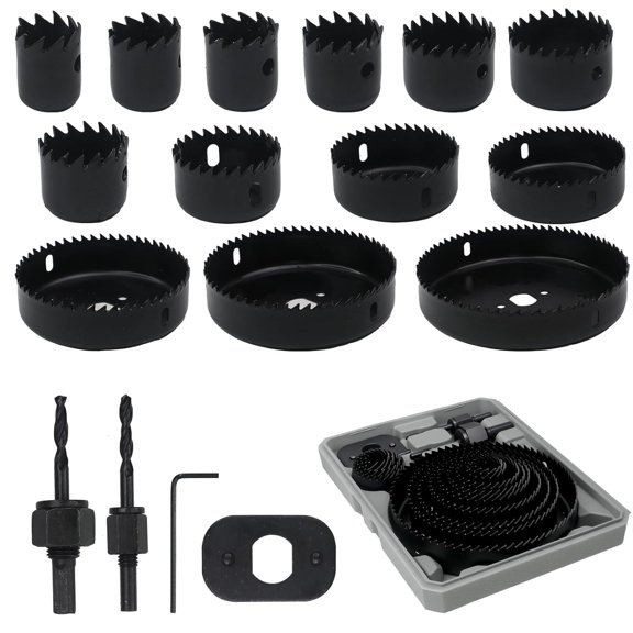 A house of tools Hole Saw Set, 13 PCS Carbon Steel Hole Saw Kit with Arbor & Drill Bits, Heavy Duty Hole Cutter for Wood, Plastic, Drywall & Thin Metal, Storage Case Included (Black)