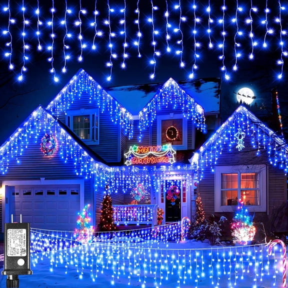 A house of tools Icicle Lights for Outside, Blue Christmas Lights Outdoor, 66FT 640 LED, 8 Modes Waterproof Connectable 120 Drops, Curtain Twinkle Lights for House Patio Eaves Xmas Decorations