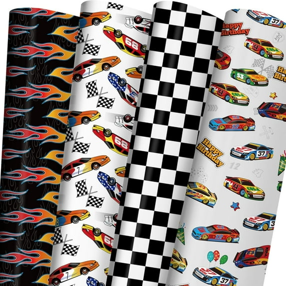 A house of tools Race Car Wrapping Paper for Kids Birthday - Flames, Checkered Flags, Colorful Racing Cars and Happy Birthday Words Designs - 20 x 29 Inches, 8 Folded Sheets, Easy to Store…