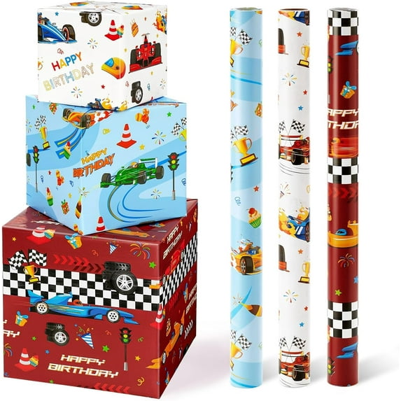 A house of tools Race Car Wrapping Paper Rolls - 3 Short Rolls 17 in x 120 in Racing Car for Kids Boy Birthday Truck Car Theme Party Gift Packing Supply Red Blue White Wrapping Paper with Cut Lines