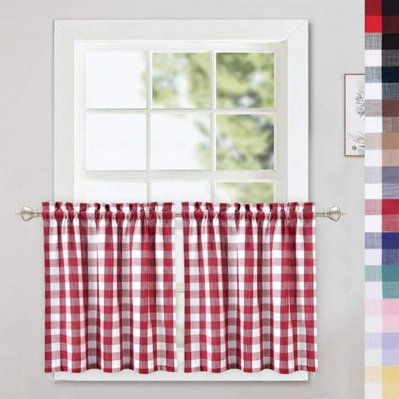 A house of tools Red Buffalo Check Tier Curtains for Kitchen, Thick Yarn Dyed Buffalo Plaid Gingham Rod Pocket Cafe Curtains Bathroom Window Curtain, 24 Inches