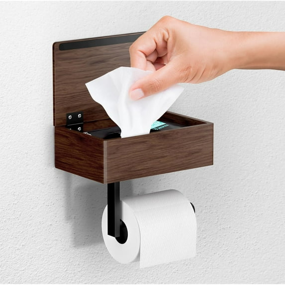 Day Moon™ Wood Toilet Paper Holder with Shelf, Wipe Holder for Bathroom, Flushable Wipes Dispenser, Toilet Paper and Wipes Holder - Toilet Paper Holder with Storage, Toilet Paper Holder Wall Mount