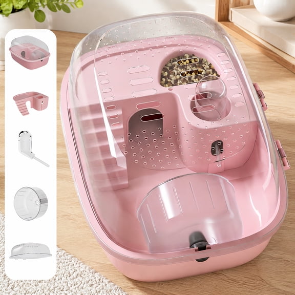 Aemutady Transparent Hamster Cage Habitat Kit 12.2x9.25x6.3 in, 5-in-1 Small Animal Starter Set with Quiet Running Wheel, Food Bowl, Water Bottle, Staircase & Hideout for Gerbils Mice
