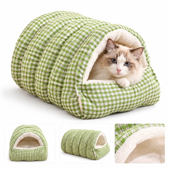 Aemutady Cat Cave Bed for Small Cats & Kittens, Soft Warm Indoor Hideaway, Green 11.81x15.74x7.87 in
