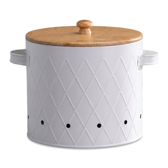 Aemutady Potato Storage Bin with Aerating Holes, Carbon Steel Canister with Bamboo Lid, White, 8.3 x 8.7 x 8.7 in