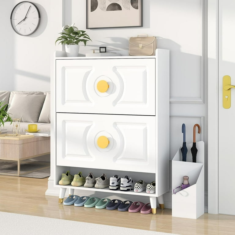howcool Shoe Storage Cabinet with 2 Flip Drawers Slim Wooden Freestanding ShoeCabinet with Cubby and Shelf Hidden Narrow ShoesRack Organizer for Entryway Hallway Holds 24 Pairs Classic White Walmart.c...