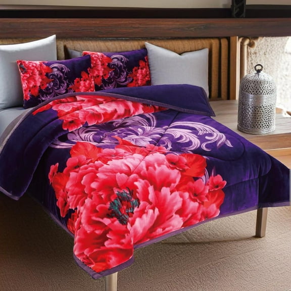 hree-Piece King Comforter Set – Reversible Blanket with Bold Red and Purple Floral Design – Ultra-Soft Microfiber Bedding Set – Includes 1 Comforter 85x95 in and 2 Pillow Shams 20x30 in