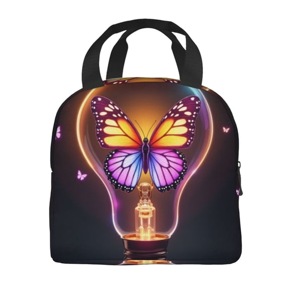 Portable Lunch Bag Insulated A Light Bulb With A Colorful Butterfly Inside Of It Lunch Box Reusable Tote Bag Unisex for Work, Travel, Picnic, Office, Camping, Hiking, Picnic, Beach