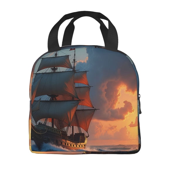Portable Lunch Bag Insulated Pirate Ship In Stormy Sea With Lightning Bolts Lunch Box Reusable Tote Bag Unisex for Work, Travel, Picnic, Office, Camping, Hiking, Picnic, Beach