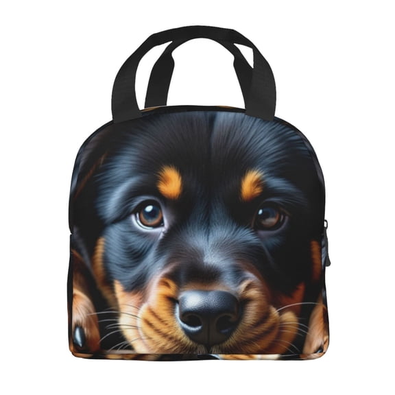 Portable Lunch Bag Insulated And Brown Rottweiler Puppy With Butterfly Toy On Wooden Surface Lunch Box Reusable Tote Bag Unisex for Work, Travel, Picnic, Office, Camping, Hiking, Picnic, Beach