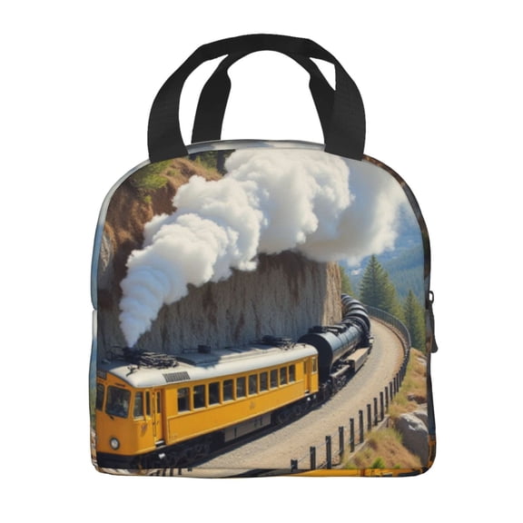 Portable Lunch Bag Insulated A Train Traveling Down Train Tracks Next To A Rocky Cliff Lunch Box Reusable Tote Bag Unisex for Work, Travel, Picnic, Office, Camping, Hiking, Picnic, Beach