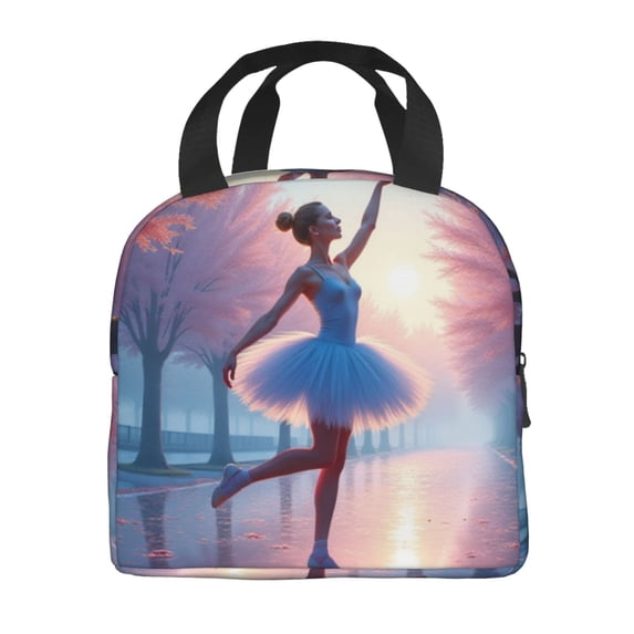 Portable Lunch Bag Insulated Ballerina In Blue Tutu Dancing In Park With Cherry Blossom Trees Lunch Box Reusable Tote Bag Unisex for Work, Travel, Picnic, Office, Camping, Hiking, Picnic, Beach