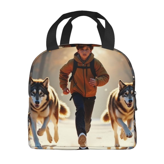 Portable Lunch Bag Insulated Man Running With Wolves In Snowy Forest Lunch Box Reusable Tote Bag Unisex for Work, Travel, Picnic, Office, Camping, Hiking, Picnic, Beach