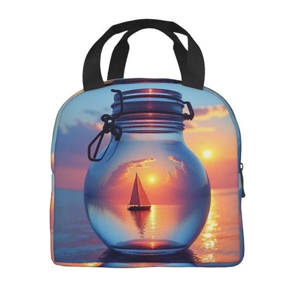 Portable Lunch Bag Insulated Glass Jar With Sailboat At Sunset Lunch Box Reusable Tote Bag Unisex for Work, Travel, Picnic, Office, Camping, Hiking, Picnic, Beach