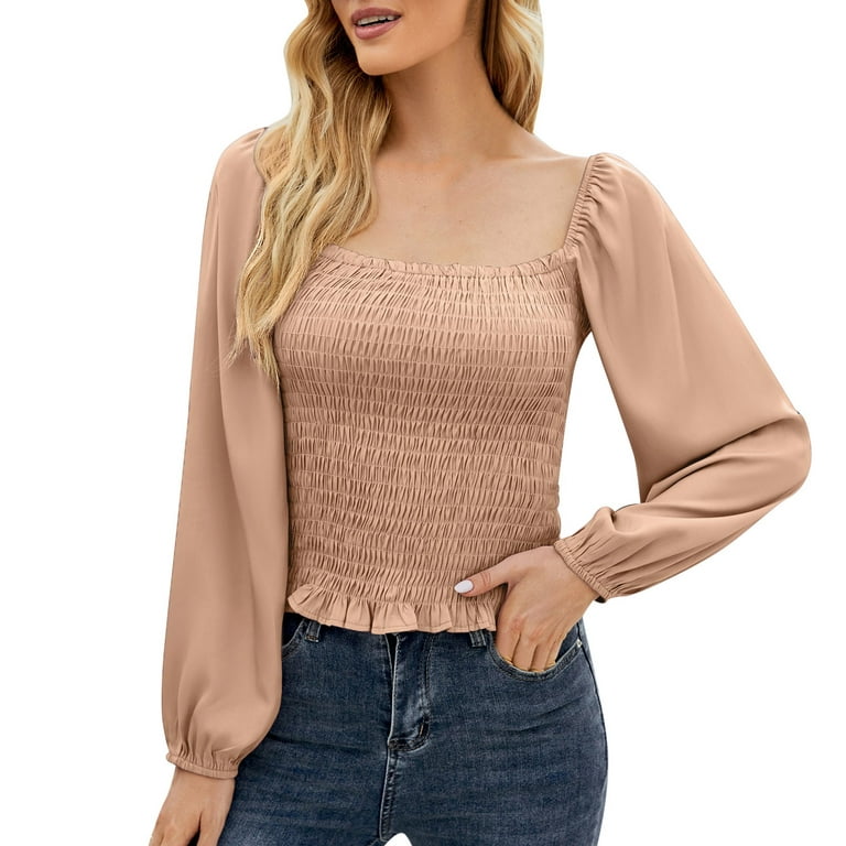 huaai cute tops for women trendy womens square neck solid color puff sleeve  long sleeve shirt top blouse open back slim fit waist shirt khaki xl