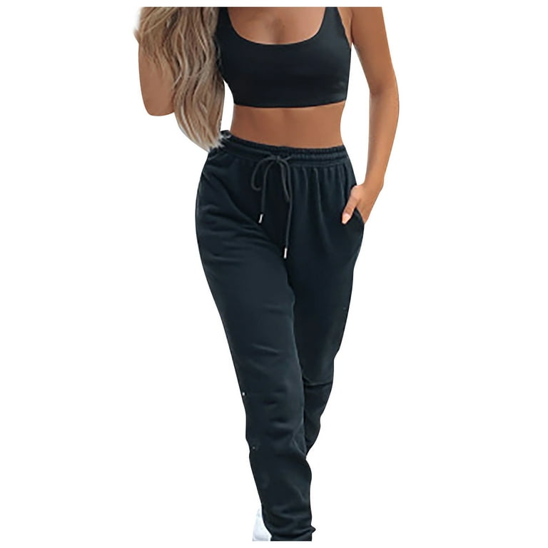 huaai women's solid color thick all-match sports style elastic casual pants  plus size pants for women black m