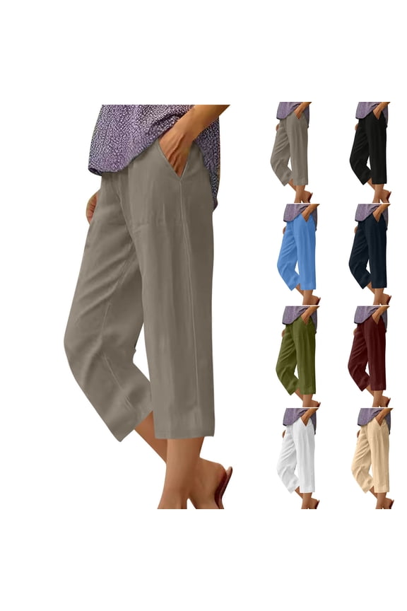 huaimei Capri Pants for Women Cotton Linen Loose Fit Cropped Trousers Summer Wide Leg Workout Capri Casual Plus Size Elastic Waist Trousers With Pocket Navy XXL