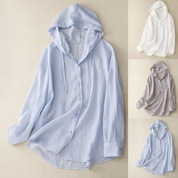 huaimei Cotton Linen Shirts Hoodies Women'S Fall Summer Long Sleeve Solid Comfy Loose Regular Hooded Tank