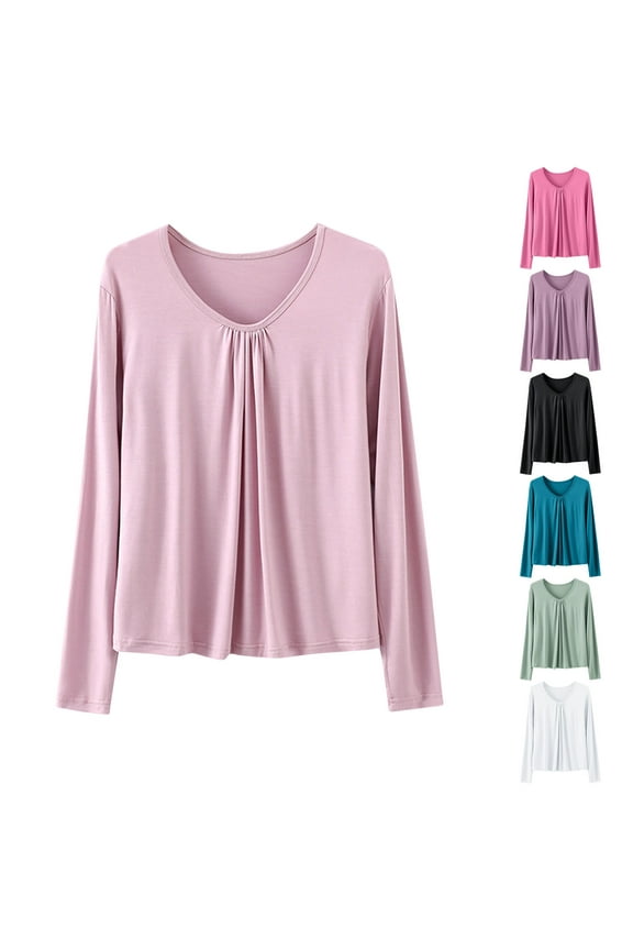 Cotton Tops Women'S Round Neck Solid Color Base Shirt Casual Thin with Inner Long Sleeve Blouses