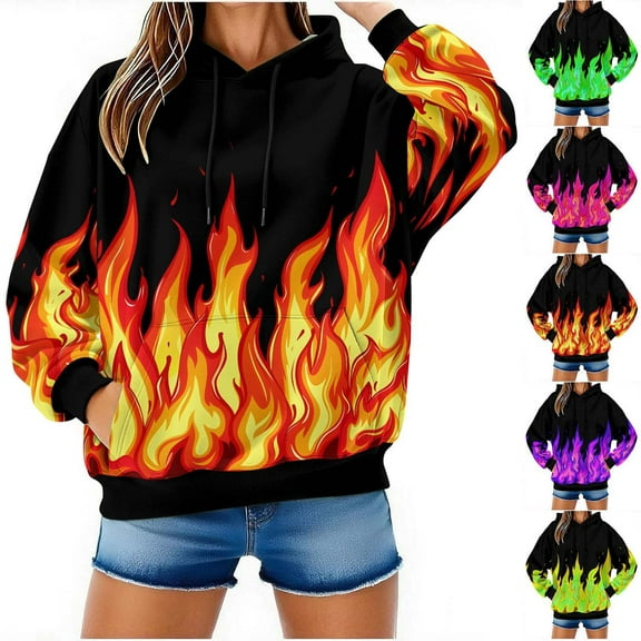 huaimei Fall Winter Sweatshirts for Men and Women Hooded Sweater Flame Printed Pullover Blouse with Pockets