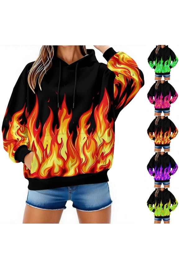 Fall Winter Sweatshirts for Men and Women Hooded Sweater Flame Printed Pullover Blouse with Pockets