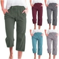 thumbnail image 1 of huaimei Plus Size Capri Pants for Women Cotton Linen Slim Fit Summer Capris With Pocket Drawstring High Waist Pants Wide Leg Fashion Casual Cropped Trousers, 1 of 6