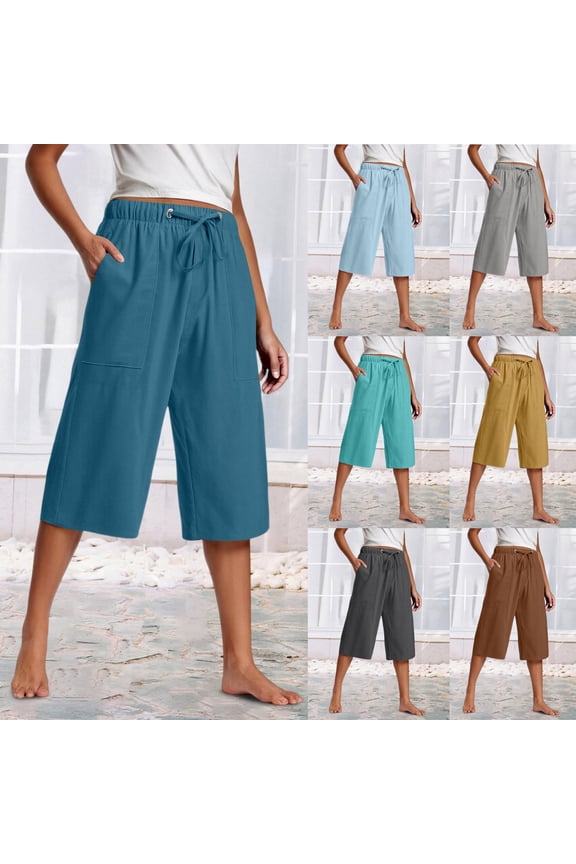 Plus Size Capris Pants Cotton Linen for Women Loose Fit Flowy Beach Cropped Trousers Wide Leg Breathable Lounge Pants Summer Solid Color Casual Pant with Pockets