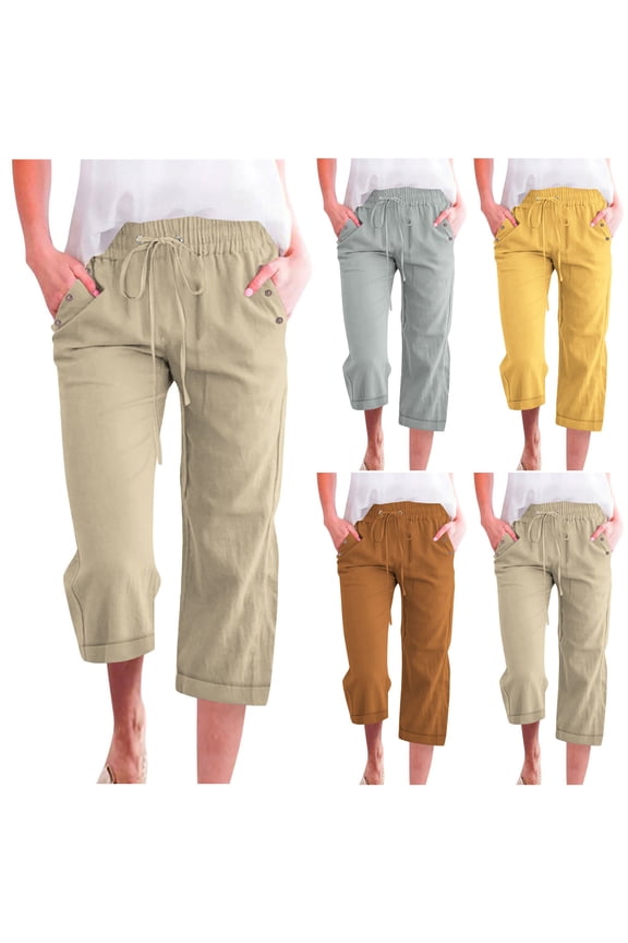 Plus Size Women's Capri Pants Cotton Linen Strethy Slim Fit Pant With Pocket Drawstring High Waist Pants Wide Leg Fashion Casual Cropped Trousers