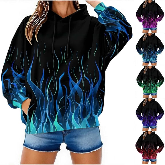 huaimei Sweatshirts Fall Winter Men and Women Hooded Sweater Flame Printed Pullover Blouse with Pockets