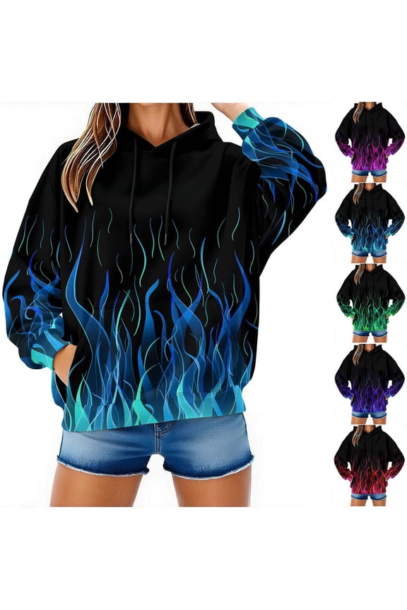 Sweatshirts Fall Winter Men and Women Hooded Sweater Flame Printed Pullover Blouse with Pockets