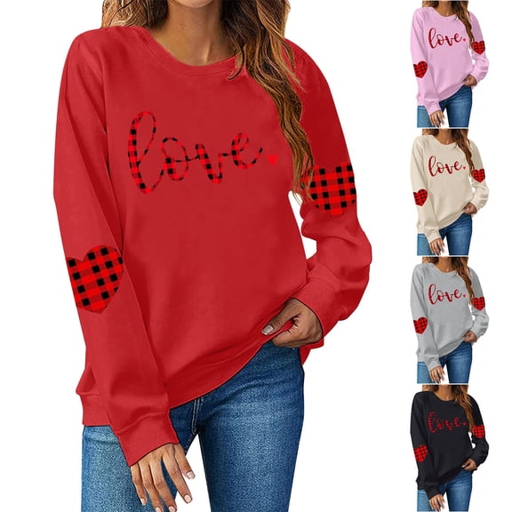 huaimei Valentine'S Day Sweatshirts Women'S Fashion Casual Heart Print Round Neck Long Sleeve Pullover Tops