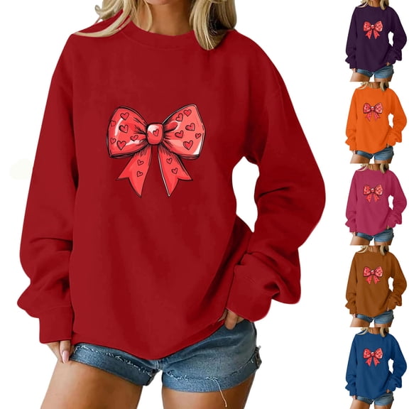 huaimei Valentines Sweatshirts Women'S Bow Lover Day Heart-Shaped Round-Neck Loose Long-Sleeve Tops