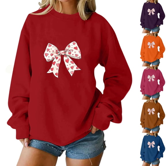 huaimei Valentines Sweatshirts Women'S Bow Lover Day Heart-Shaped Round-Neck Loose Long-Sleeve Tops