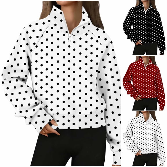 huaimei Women'S Everyday Polka Dot Print Long-Sleeved Collared Zip-Up Tops Fashionable Casual Hoodless Sweatshirt